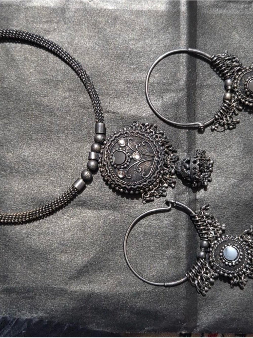 Handcrafted Black Ethnic Pendant Necklace with Matching Hoops